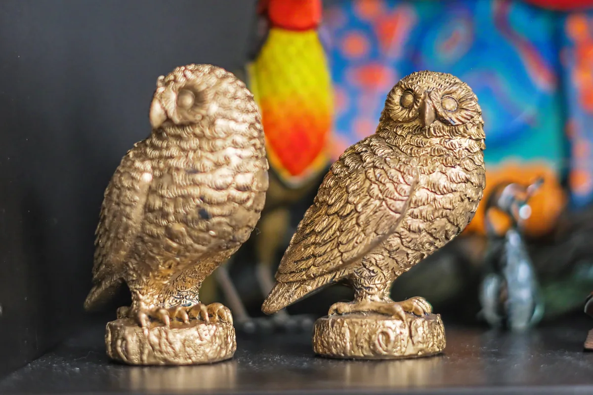 Decorative owls photographed at a 916 Estate Sales event